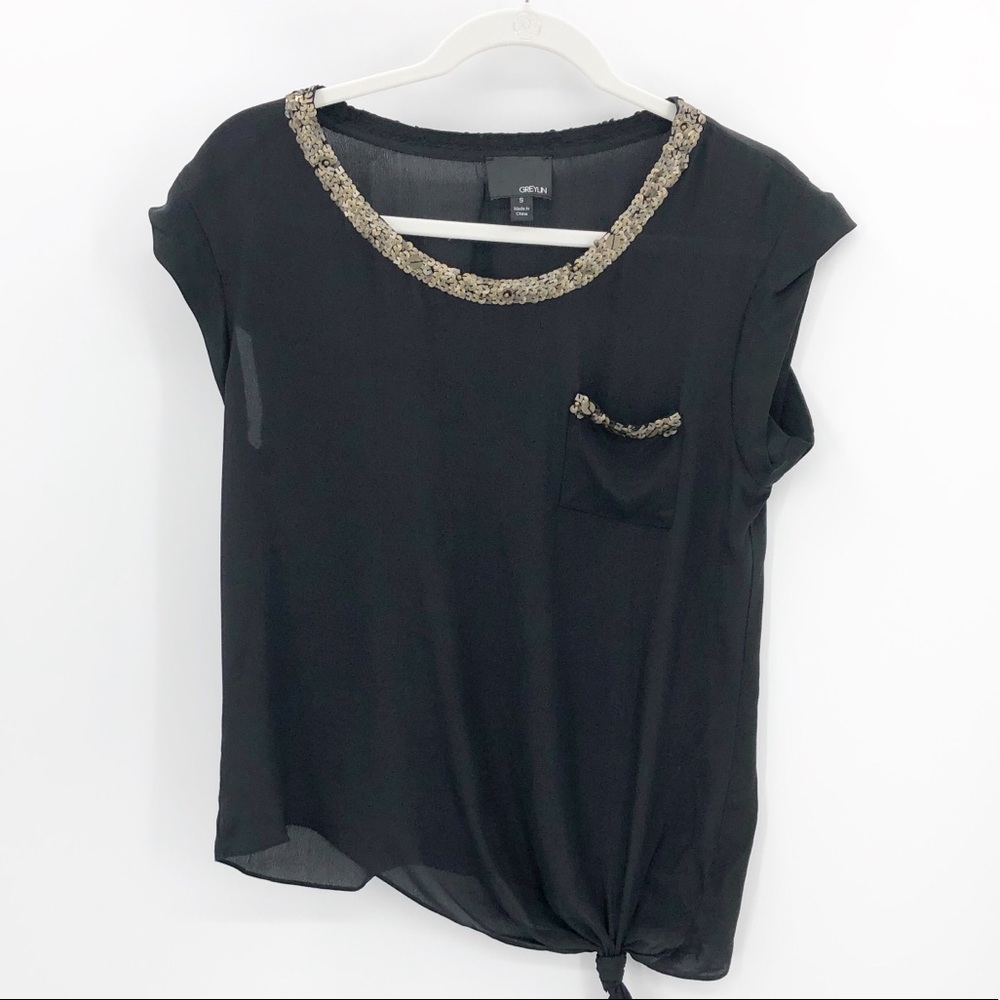 GREYLIN Black Sequin Asymmetrical Holiday Shirt S
